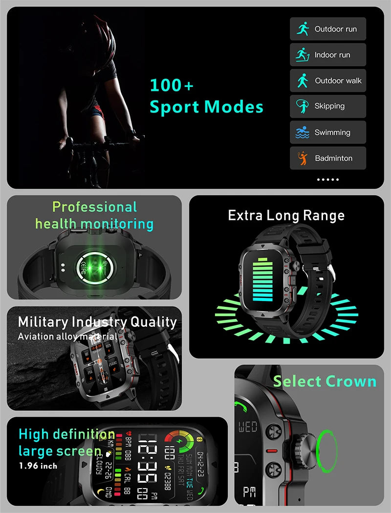 Relógio Xiaomi militar inteligente masculino ip68 5atm esportes ao ar livre rastreador de fitness monitor saúde 1.96 "bt chamada smartwatch